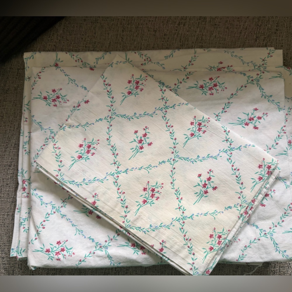Pink Floral & Teal Green Vine Twin Sheet Set Cottagecore Whimsy